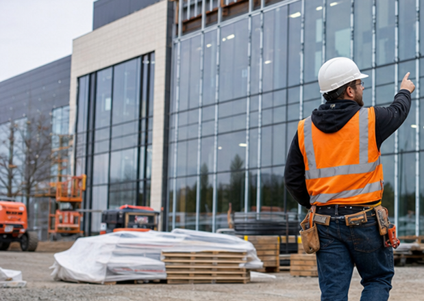 Construction Worker pointing at building